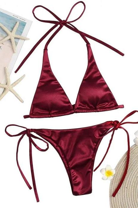 Womens Satin String Tie Triangle Bikini Set Burgundy