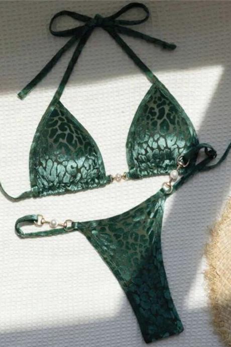 Elegant Green Lace Bikini Set With Metallic Accents