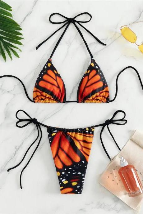 Womens Butterfly Print Tie-back Bikini Swimwear Set