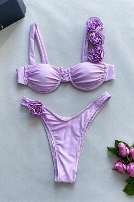 Lavender Floral Embellished Bikini Set Womens Swimwear