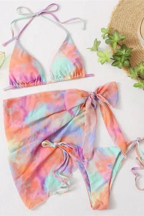 Womens Tie-dye Halter Top Bikini Set With Pareo