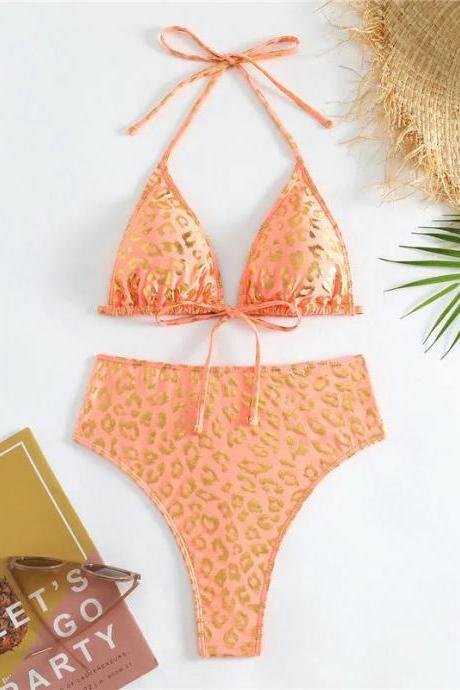 Womens High-waisted Leopard Print Bikini Swimwear Set
