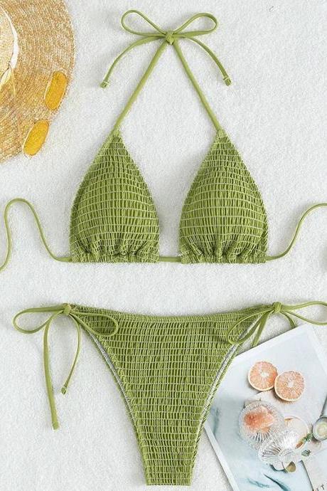 Womens Textured Tie-front Bikini Set In Olive Green