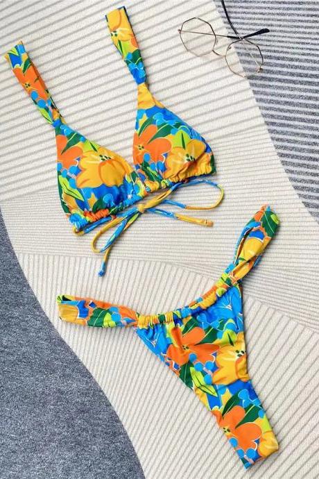 Womens Tropical Print Bikini Swimwear Set With Ties