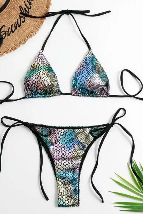 Womens Mermaid Print Bikini Set With Tie Sides