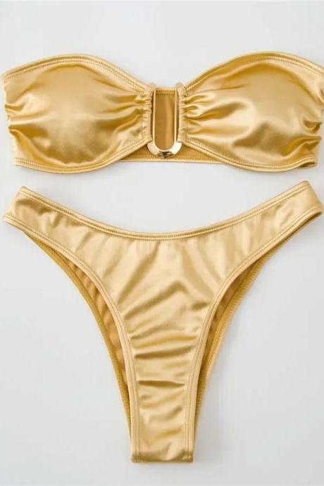 Golden Satin Bikini Set With Front Buckle Detail