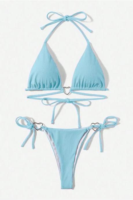 Light Blue Triangle Bikini Set With Heart Detail