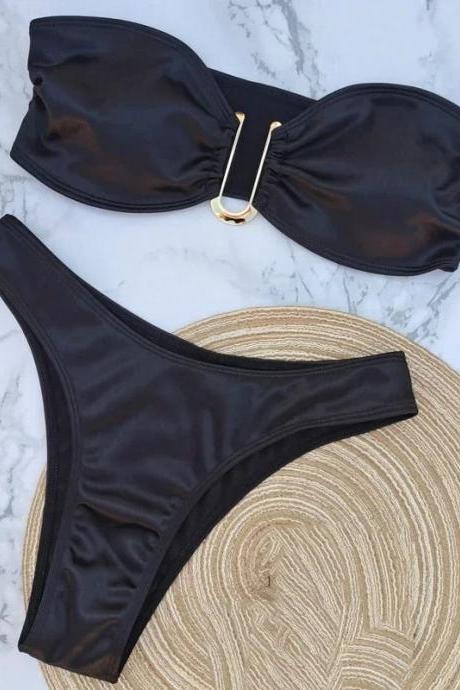 Womens Black Bandeau Bikini Set With Gold Detail