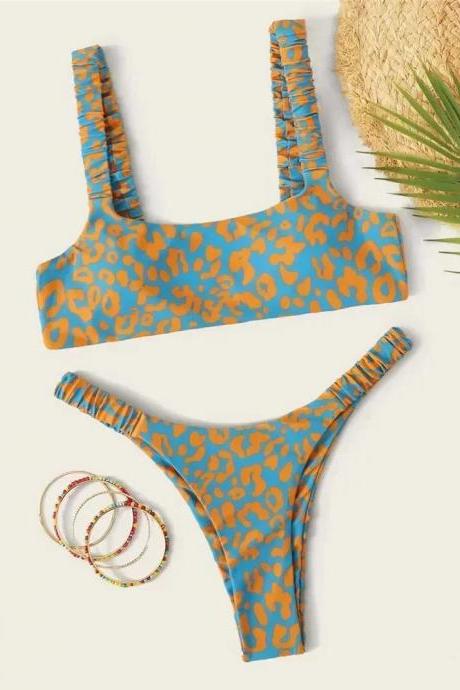 Womens Leopard Print High-waisted Bikini Swimwear Set