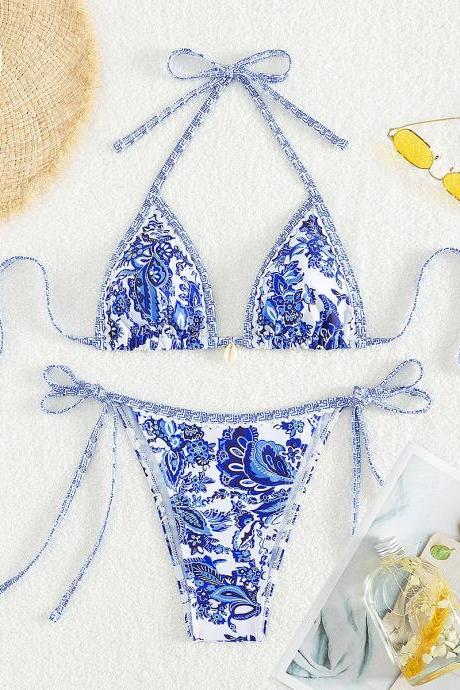 Womens Blue White Porcelain Print Bikini Swimwear Set