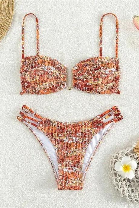Womens Two-piece Swimwear Bikini Set In Coral Print