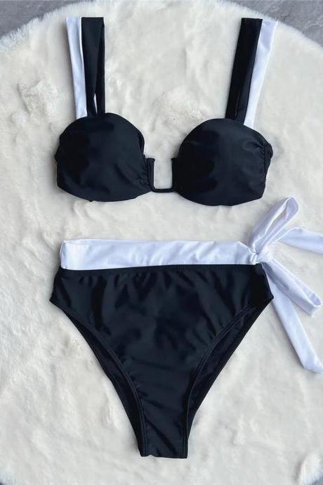 Chic Black Bikini Set With White Tie Accents