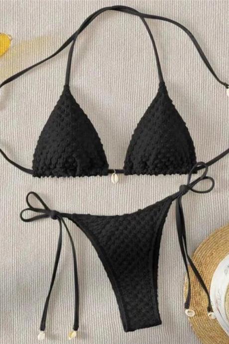 Womens Textured Tie-side Bikini Set With Pearls Accents