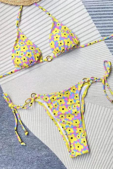 Womens Floral Print Bikini Set With Tie Sides