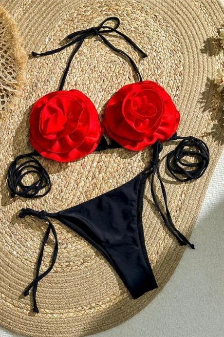 Womens Floral Accent Tie-back Bikini Swimwear Set