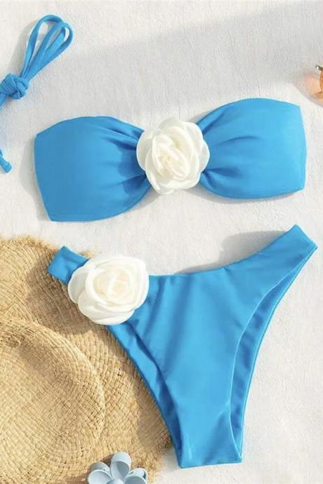 Womens Blue Floral Bow Bikini Set High-waisted Swimwear