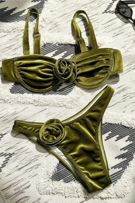 Womens Olive Green Velvet Bikini Set With Knot Detail