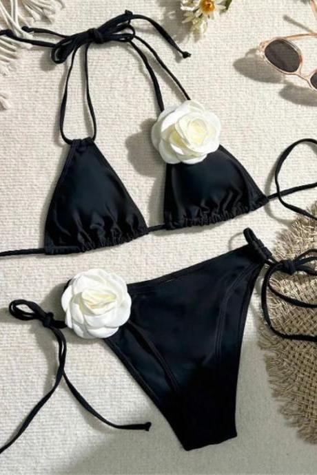 Womens Floral Accent Black Bikini Set Tie-closures