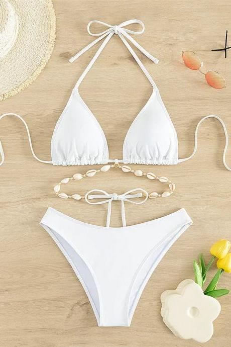 Womens Classic White Halter Neck Bikini Set Swimwear