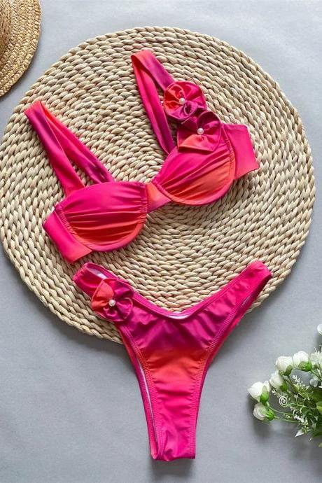 Womens Pink Bikini Swimwear Set With Bows
