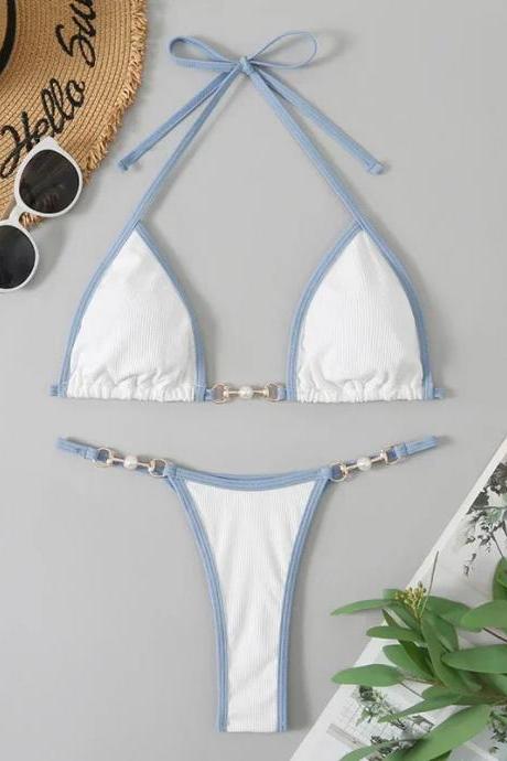 Womens Blue And White Bikini Set With Pearl Detail