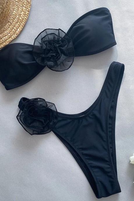 Elegant Black Ruffled Bikini Set With Matching Sarong