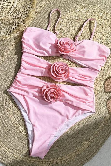 Pink Rosette Accented High-waist Bikini Swimwear Set