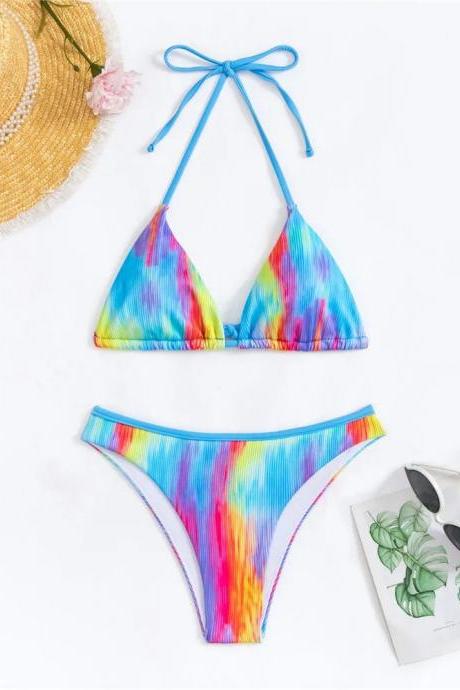 Womens Tie-dye Halter Bikini Swimwear Set Colorful