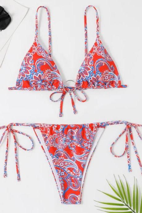 Womens Paisley Print Tie-front Bikini Swimsuit Set