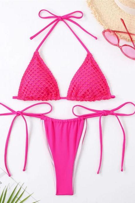 Womens Pink Tie-up Bikini Swimwear Set