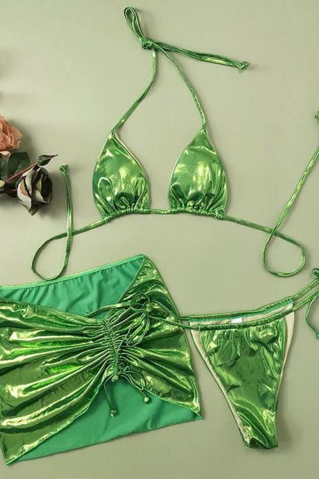 Womens Shiny Green Bikini Set With Tie Closures