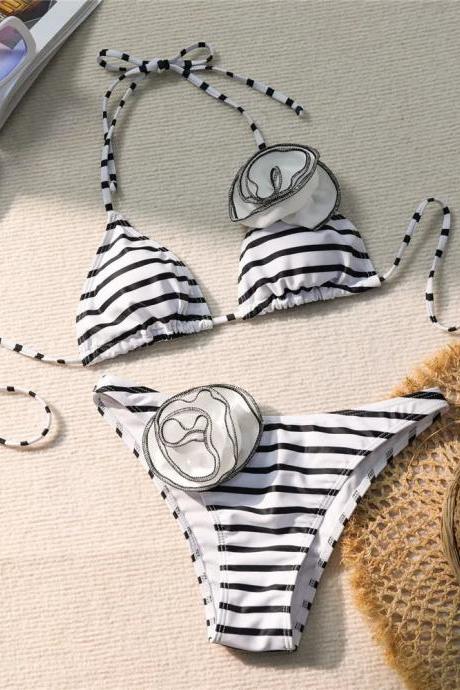Womens Striped Halter Bikini Set With Ruffle Detail