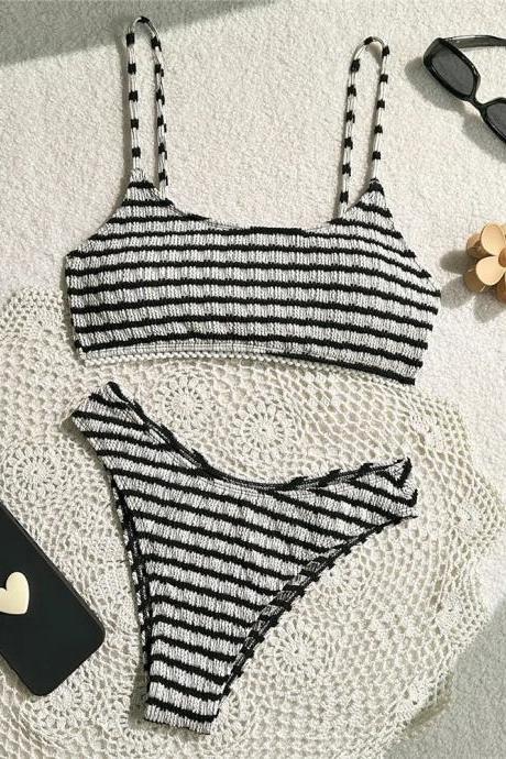 Womens Striped Two-piece Swimwear Bikini Set High-waisted