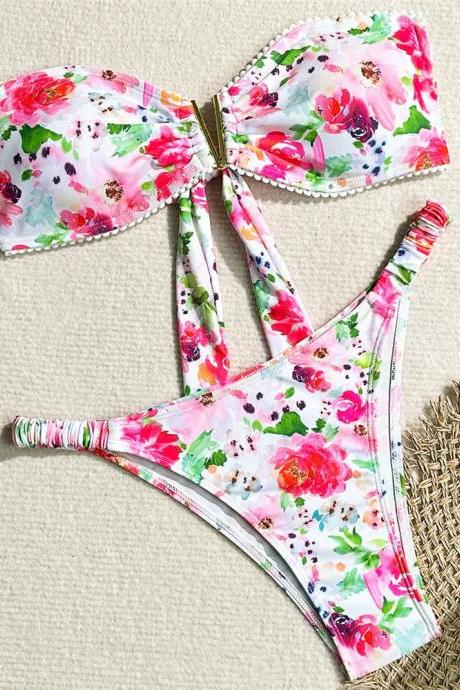Floral Print Bandeau Bikini Set With High-waisted Bottom