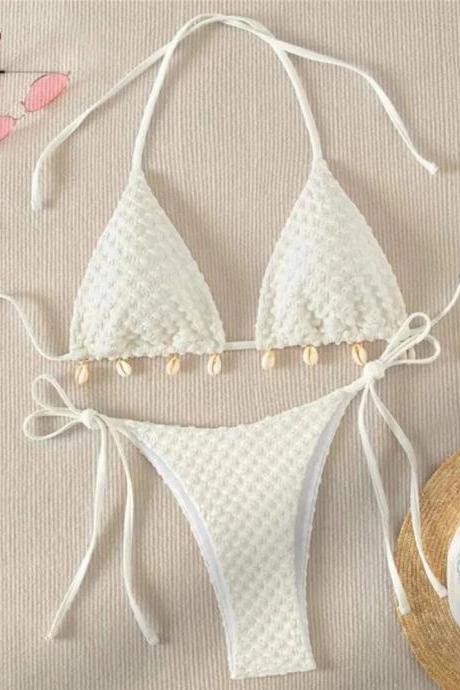 Textured White Bikini Set With Shell Detail Accents