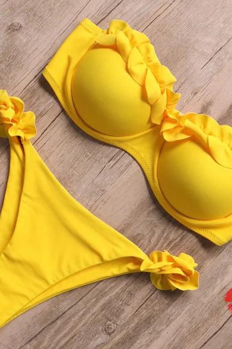 Womens Yellow Ruffled Bikini Set With Bow Accents