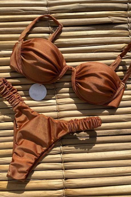 Womens Terra Cotta Bikini Set With Ruched Detailing