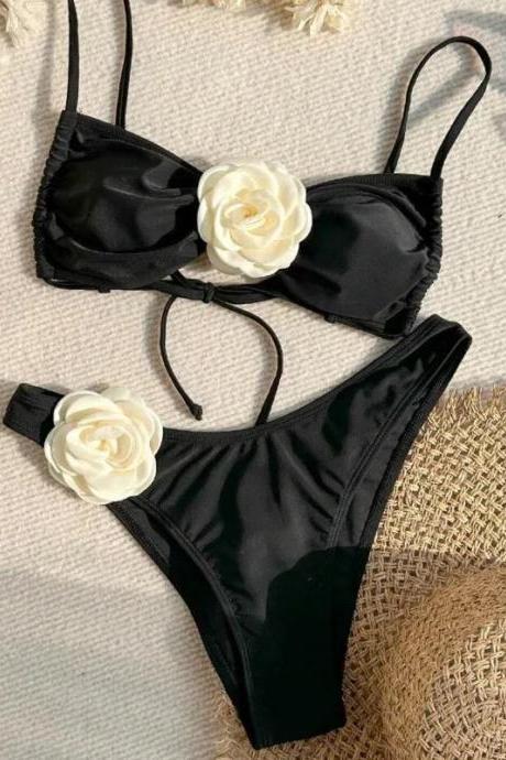 Womens Floral Accented Black Bikini Swimwear Set