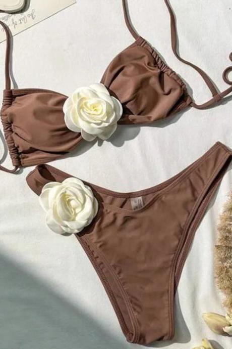 Womens Floral Accent Bikini Set In Elegant Brown