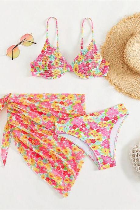 Floral High-waisted Bikini Set With Matching Sarong End