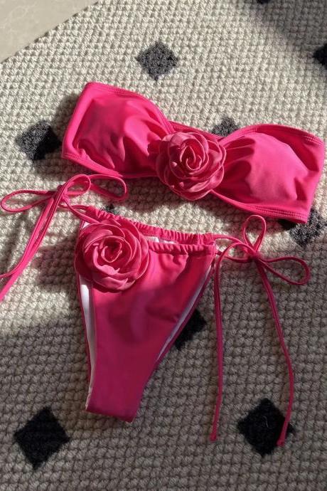 Womens Rose Embellished Pink Bikini Swimwear Set