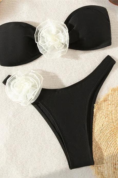 Womens Black Bandeau Bikini Set With Floral Accents