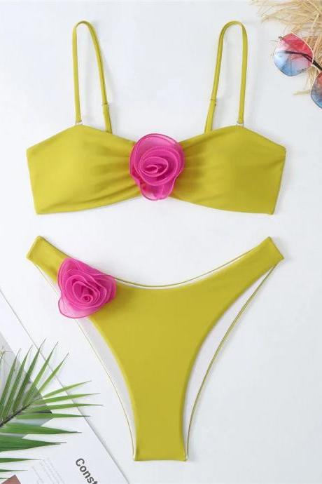 Trendy Yellow Bikini Set With Pink Rose Accents