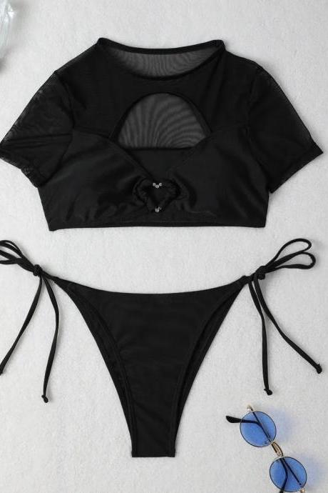Womens Black Mesh Tie-front Bikini Swimwear Set