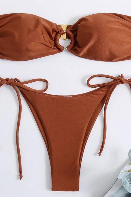 Womens Tie-front Bandeau Bikini Set In Rust