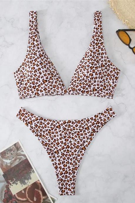 Womens Leopard Print Bikini Swimwear Set High-waisted