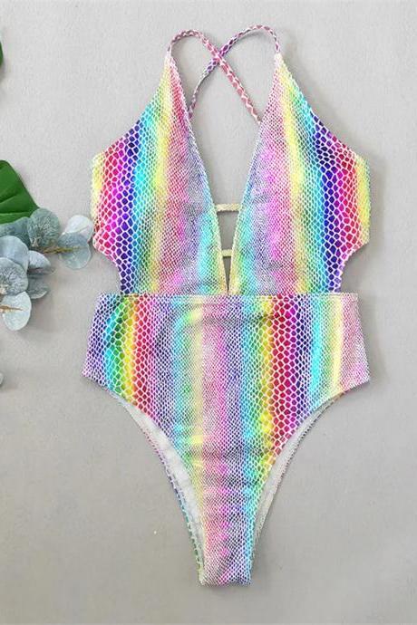 Womens Halter Neck High-waisted Bikini Swimsuit Set Rainbow