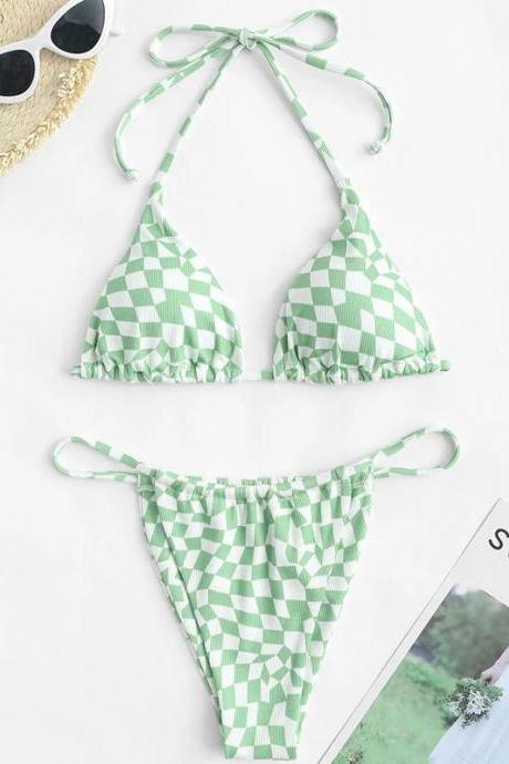 Womens Green Checkered Bikini Set With Tie Straps