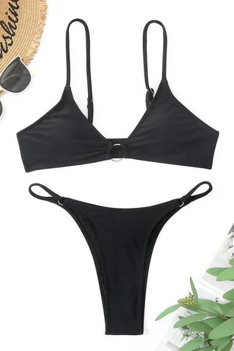 Womens Classic Black Bikini Set Adjustable Straps