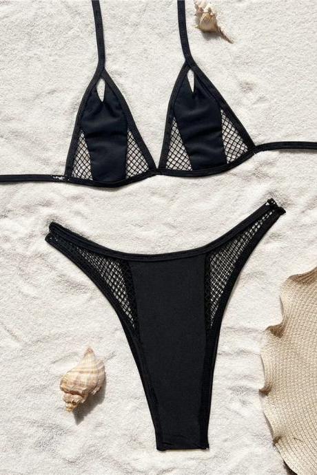 Womens Mesh Detail Black Bikini Set Swimsuit